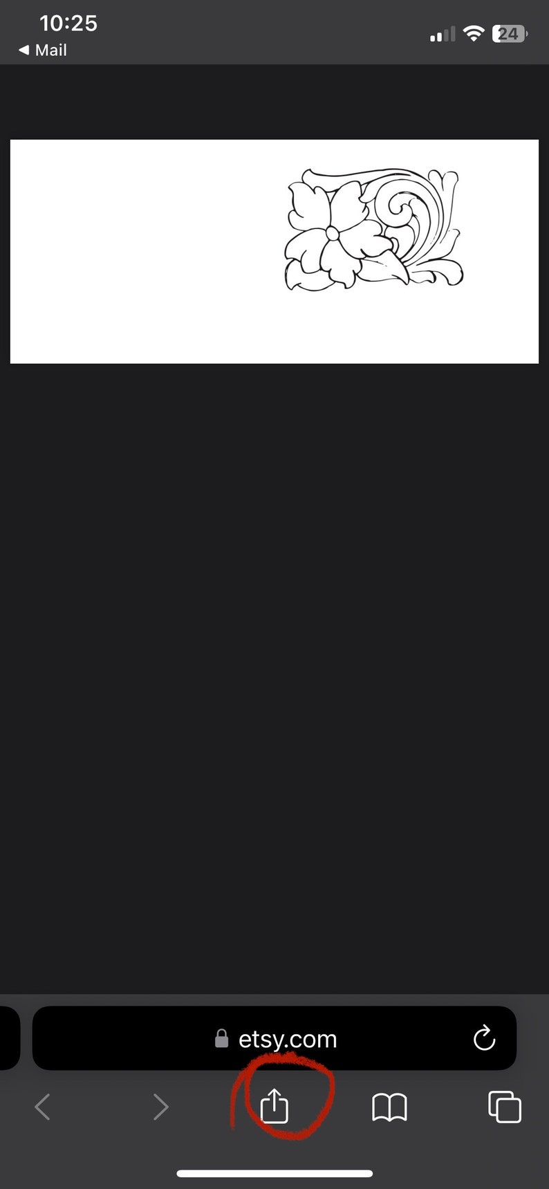 May include: A screenshot of a mobile phone displaying the Etsy website. The website is open to a page with a white background and a black and white floral design in the upper right corner. The phone's screen shows the Etsy website address, "etsy.com", and a circled upload icon in the lower center of the screen.