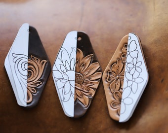 3 Motel Style Keychain PDF Printout Patterns for Leather Tooling- Leatherwork for Beginners-Sunflower, Floral Keychain DIY Design