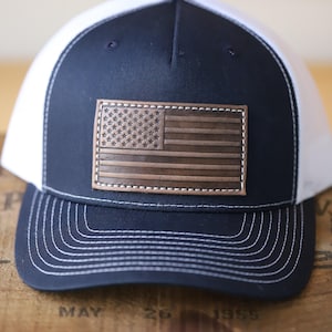 American Flag Hat-Snapback Mesh Ballcap with Real Leather, Hand Stamped Patch-3rd Wedding Anniversary Gift- Present For Him- Guy’s Grad Gift