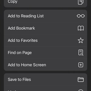 May include: A screenshot of an iPhone screen showing a list of options for a PDF document. The options include "Copy", "Add to Reading List", "Add Bookmark", "Add to Favorites", "Find on Page", "Add to Home Screen", "Save to Files", "Markup", "Print", "Save to Pinterest", and "Edit Actions..."