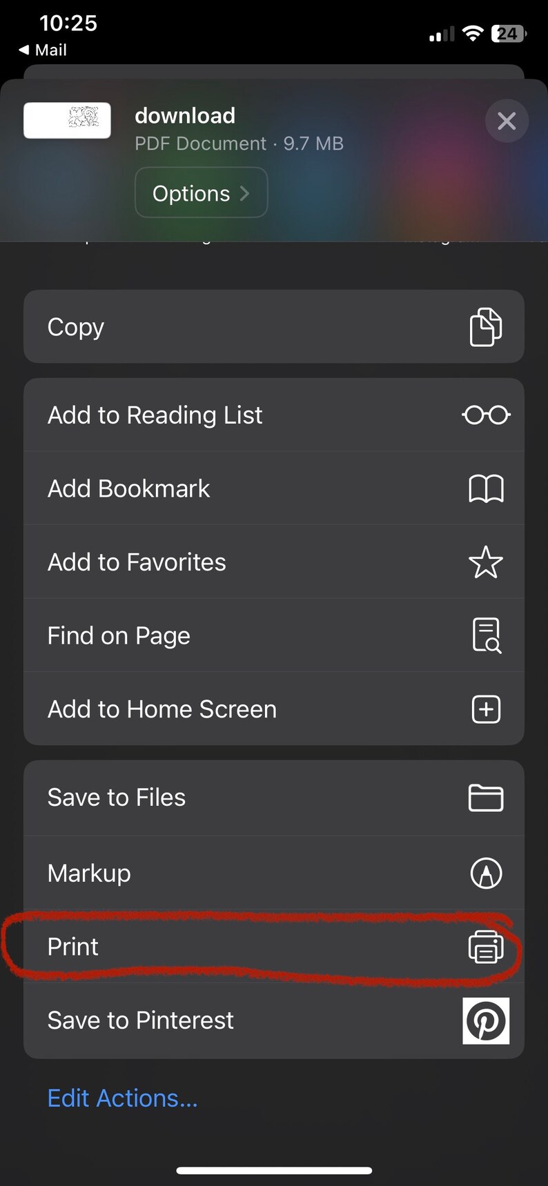 May include: A screenshot of an iPhone screen showing a list of options for a PDF document. The options include "Copy", "Add to Reading List", "Add Bookmark", "Add to Favorites", "Find on Page", "Add to Home Screen", "Save to Files", "Markup", "Print", "Save to Pinterest", and "Edit Actions..."