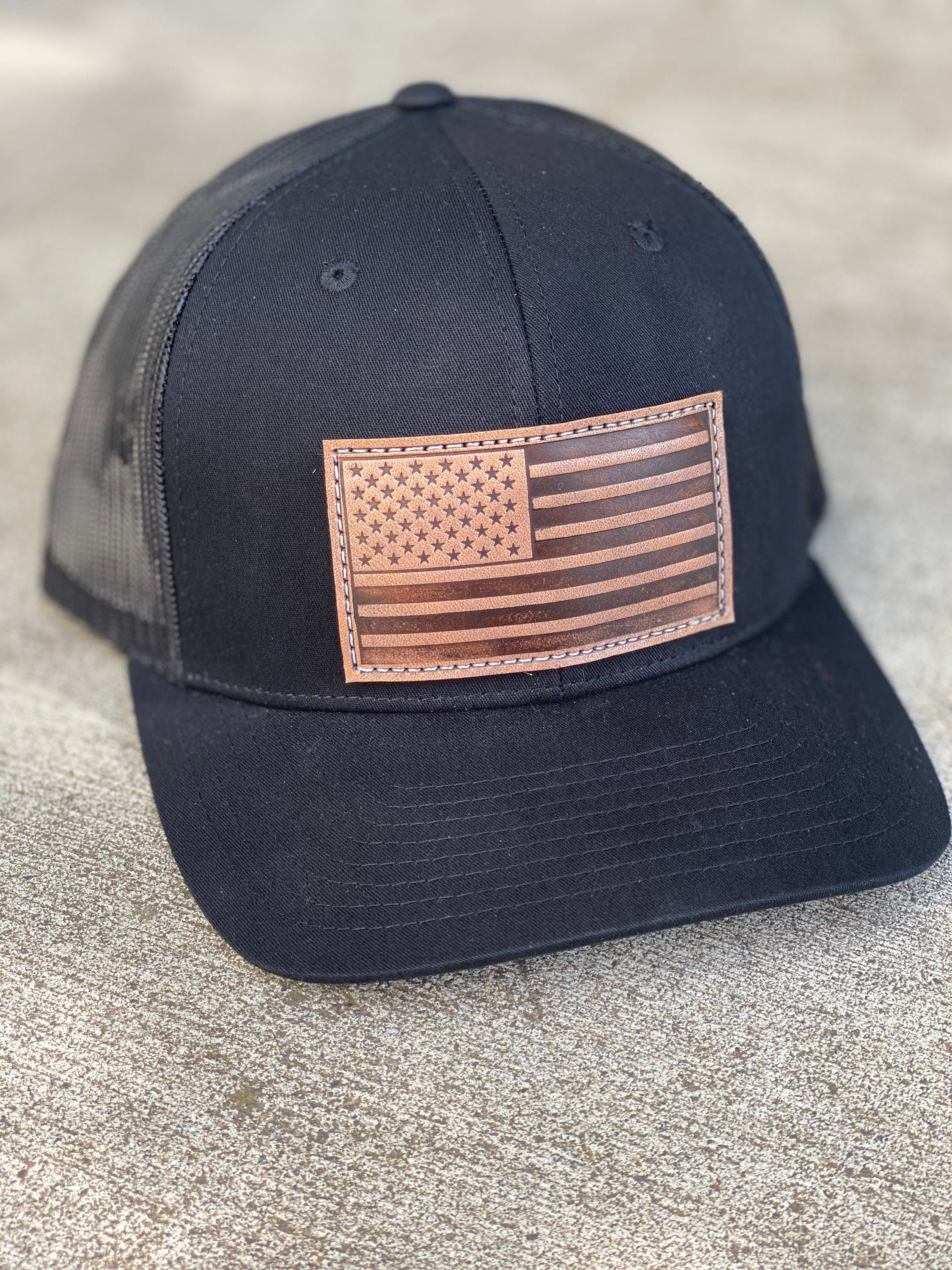 Solid Black Hat with American Flag Leather Patch | Etsy