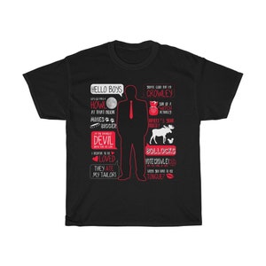 May include: Black t-shirt with a red silhouette of a man and red text quotes from the TV show Supernatural. The quotes include "Hello Boys", "Howl at that moon", "Mines bigger", "I'm the  Devil", "I deserve to be loved", "They ate my tailor", "You're good but I'm Crowley", "Son of a witch actually", "Where's your moose", "Bollocks", "Vote Crowley", "Lamyed you have no ice tongue?"