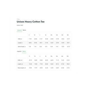 May include: Size chart for a unisex heavy cotton tee shirt, Gildan 5000, showing measurements in inches and centimeters for sizes S through 5XL.