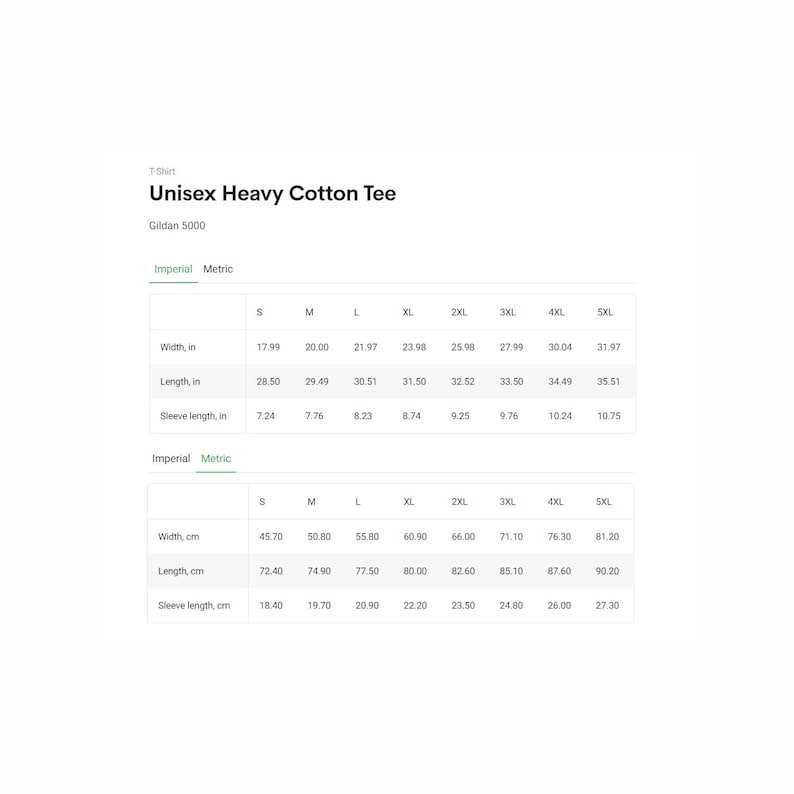 May include: Size chart for a unisex heavy cotton tee shirt, Gildan 5000, showing measurements in inches and centimeters for sizes S through 5XL.