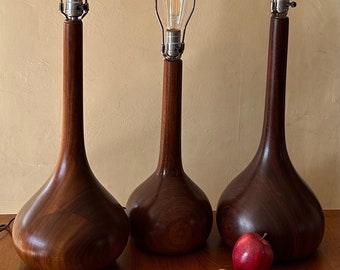 THREE Danish Teak Kisses base (onion base) Table Lamps