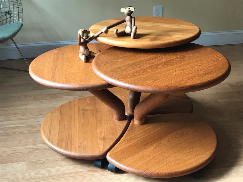 Niels Bach model 53 Danish solid teak cluster tables coffee tables side tables set of three on casters. image 6