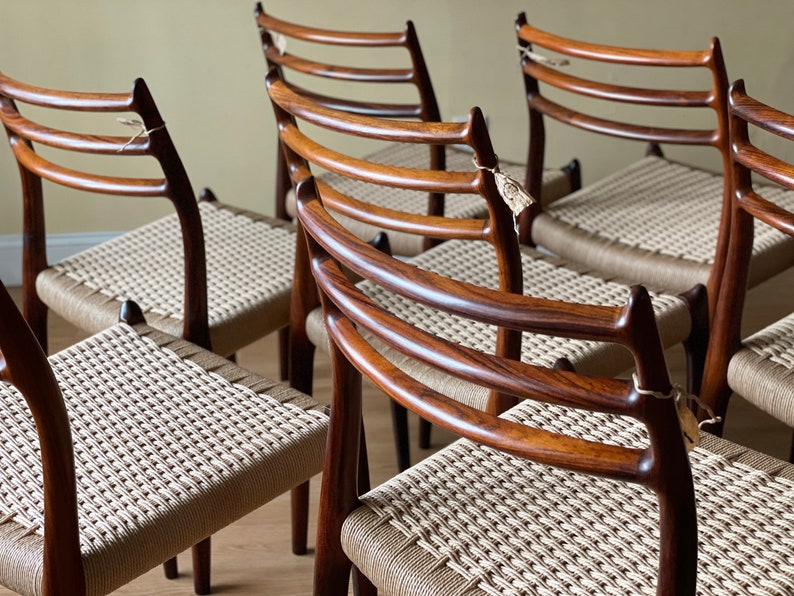 Eight Møller Model 78 Side Chairs, Designed by Niels Otto Møller, by J.L. Møllers Møbelfabrik, rosewood and Danish paper cord image 8