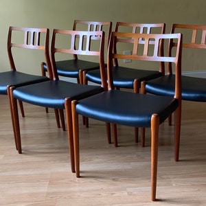 Six Moller Model 79 Dining Side Chairs in teak and black vinyl, set of six image 1