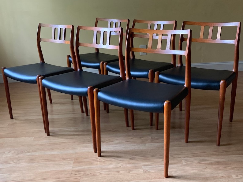 Six Moller Model 79 Dining Side Chairs in teak and black vinyl, set of six image 1