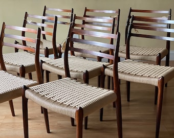 Eight Møller Model 78 Side Chairs, Designed by Niels Otto Møller, by J.L. Møllers Møbelfabrik, rosewood and Danish paper cord