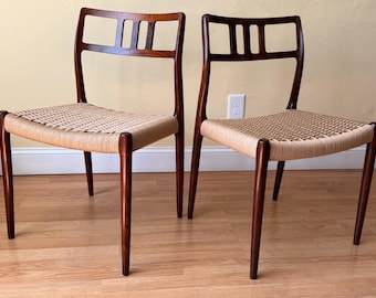 TWO Møller Model 79 Side Chairs, Designed by Niels Otto Møller, by J.L. Møllers Møbelfabrik, rosewood and Danish paper cord