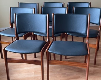 Set of EIGHT Erik Buch Teak Chairs in Black Leather