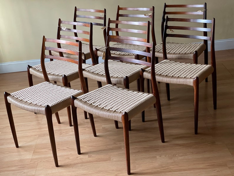 Eight Møller Model 78 Side Chairs, Designed by Niels Otto Møller, by J.L. Møllers Møbelfabrik, rosewood and Danish paper cord image 3