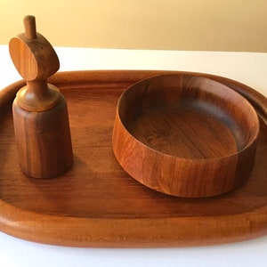 Set of Four Danish DANSK teak serving tray, serving bowls and peppermill & Salt shaker image 3