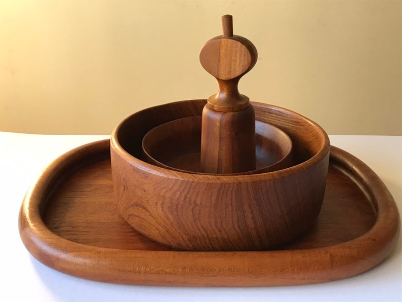 Set of Four Danish DANSK teak serving tray, serving bowls and peppermill & Salt shaker image 2