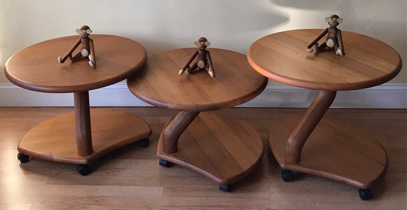 Niels Bach model 53 Danish solid teak cluster tables coffee tables side tables set of three on casters. image 1