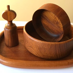 Set of Four Danish DANSK teak serving tray, serving bowls and peppermill & Salt shaker image 1