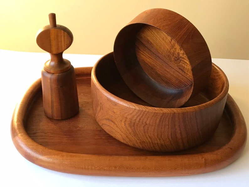 Set of Four Danish DANSK teak serving tray, serving bowls and peppermill & Salt shaker image 1