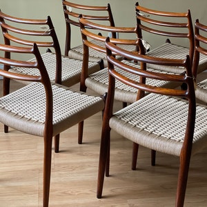 Eight Møller Model 78 Side Chairs, Designed by Niels Otto Møller, by J.L. Møllers Møbelfabrik, rosewood and Danish paper cord image 7