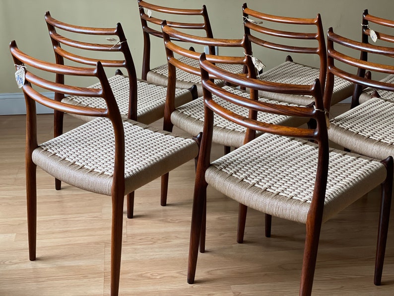 Eight Møller Model 78 Side Chairs, Designed by Niels Otto Møller, by J.L. Møllers Møbelfabrik, rosewood and Danish paper cord image 7