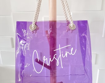 Personalized Clear Tote Bag, Custom Name Beach Bag, Waterproof PVC Tote, Bridesmaid Gift, Bachelorette Party Bag