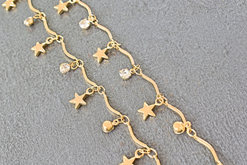 Nickel free palladium 1m 16K gold plated brass Chain Star and Clear round charm chain Handmade chain CE-02GNF Cubic zirconia charm