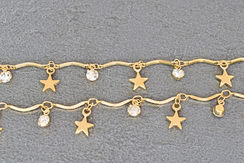 Nickel free palladium 1m 16K gold plated brass Chain Star and Clear round charm chain Handmade chain CE-02GNF Cubic zirconia charm