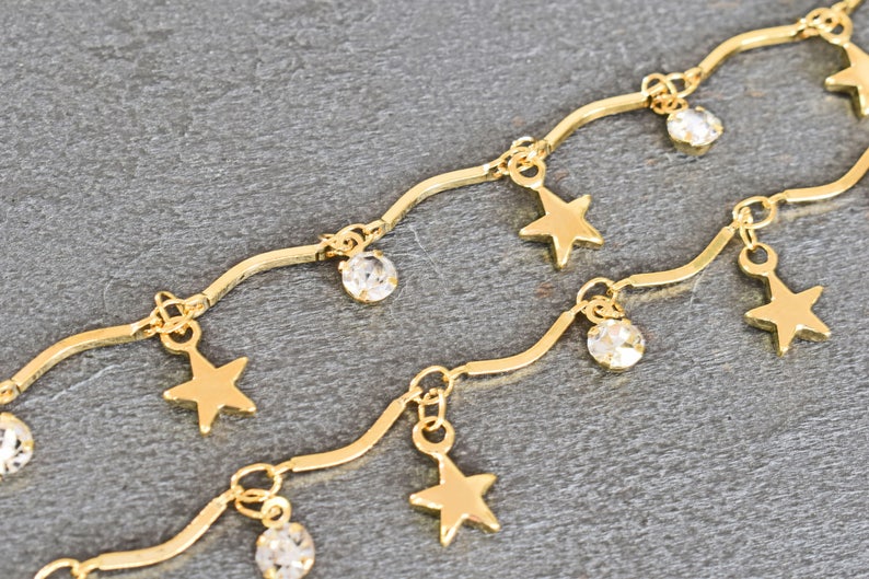 Nickel free palladium 1m 16K gold plated brass Chain Star and Clear round charm chain Handmade chain CE-02GNF Cubic zirconia charm