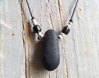 Black Seaglass & Silver Necklace