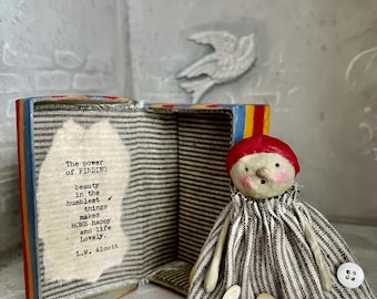 Handmade Paper mache art doll in a bespoke box, mixed media artist doll, paper mache figure