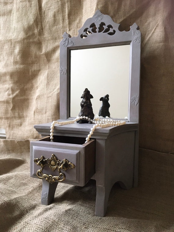 Hand painted mirror with drawer, vintage freestanding purple mirror