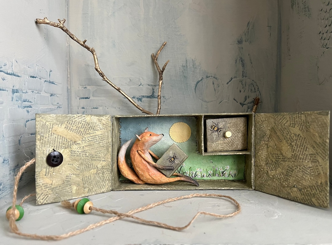 Original Mixed Media Art Box With Paper Mache Fox Etsy