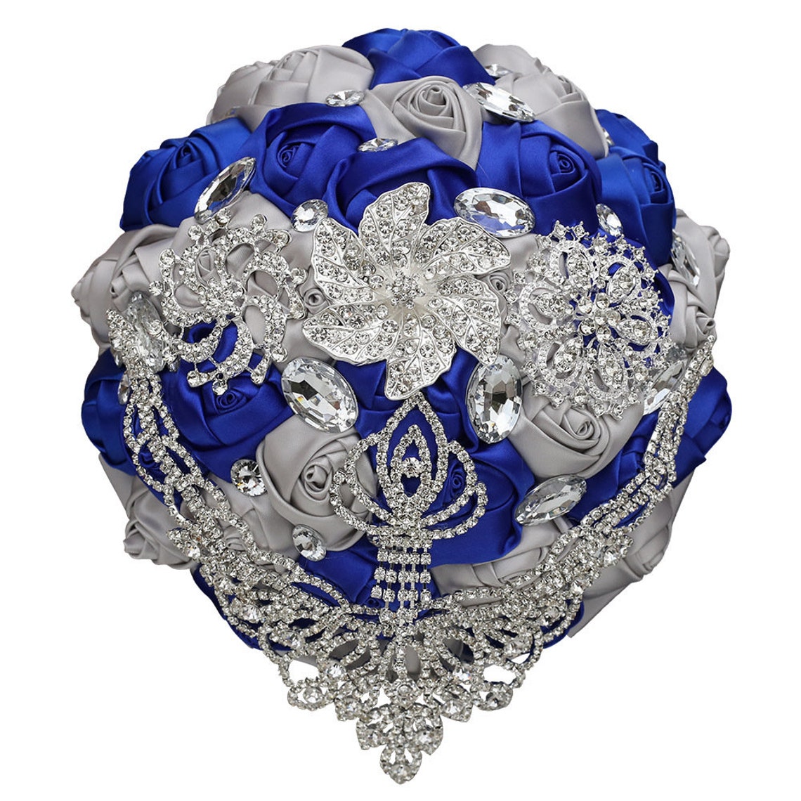 Royal Blue and Silver Cascading Crystal Wedding Bouquet image 1