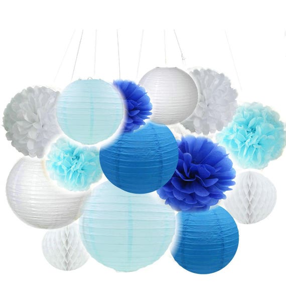 Set Of 14 Mixed Royal Blue Baby Blue White Party Tissue Pom Etsy