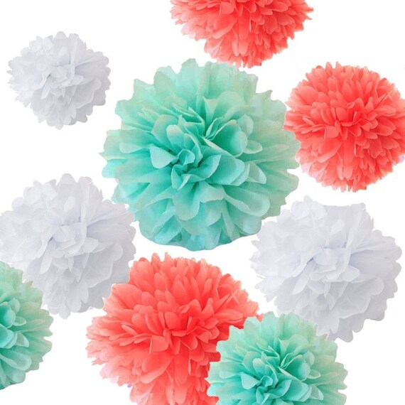 Set Of 18 Mixed Coral Mint Green White Diy Tissue Paper Pom Etsy