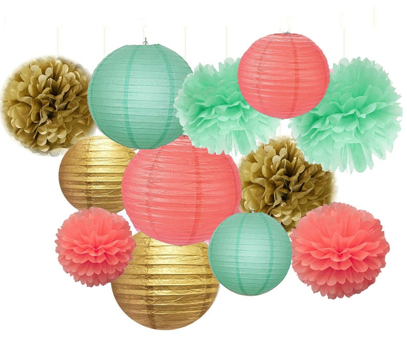 Set Of 12 Mixed Gold Coral Mint Green Party Tissue Pom Poms Etsy