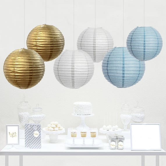 12 Pack Gold Light Blue White Paper Lantern Boy Baby Shower Etsy