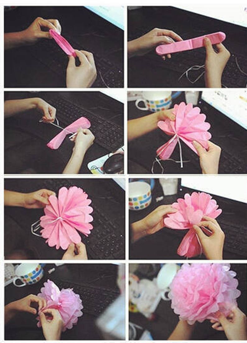 Set of 18 Pink Fuchsia White Tissue Paper Pom Poms Craft Party Flower Balls Wedding Neutral Party Girl Baby Shower Decoration Favor