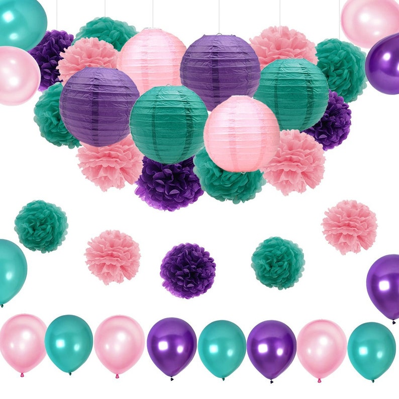 Mermaid Birthday Party Kit Teal Pink Purple Tissue Paper Pompom Paper Lanterns Latex Balloons for Bridal Baby Shower Decoration