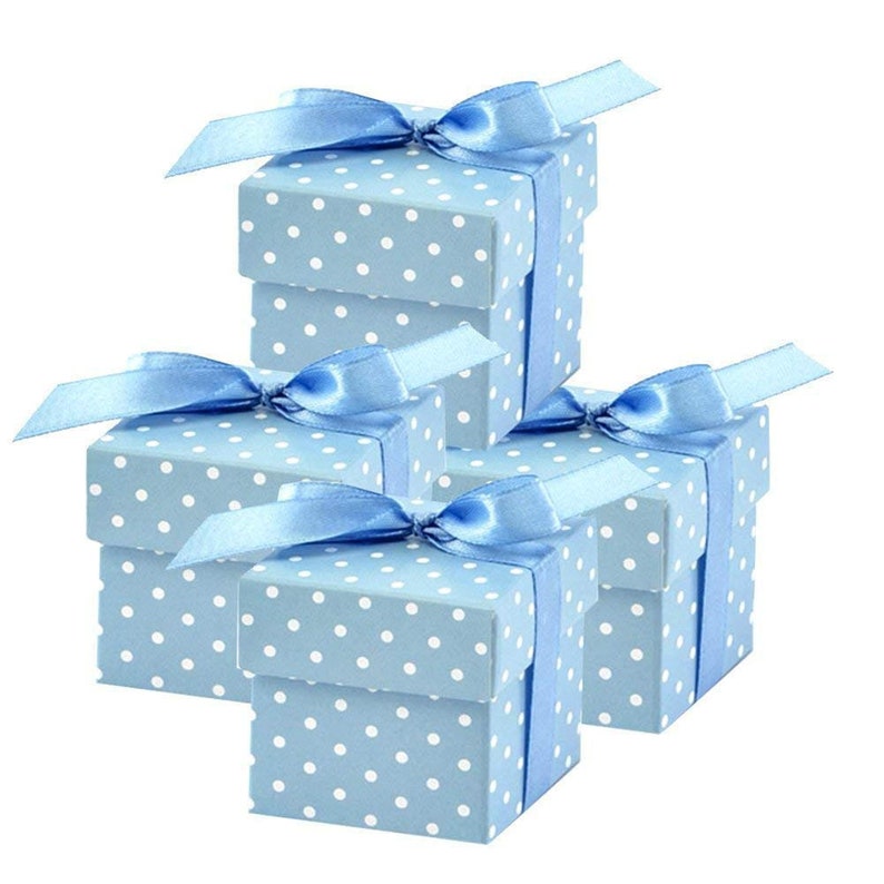 Baby Blue Polka Dot Square Favor Boxes with Lid for Elephant Boy Baby Shower Christening Prince Birthday Wedding Bridal Shower Party Decor