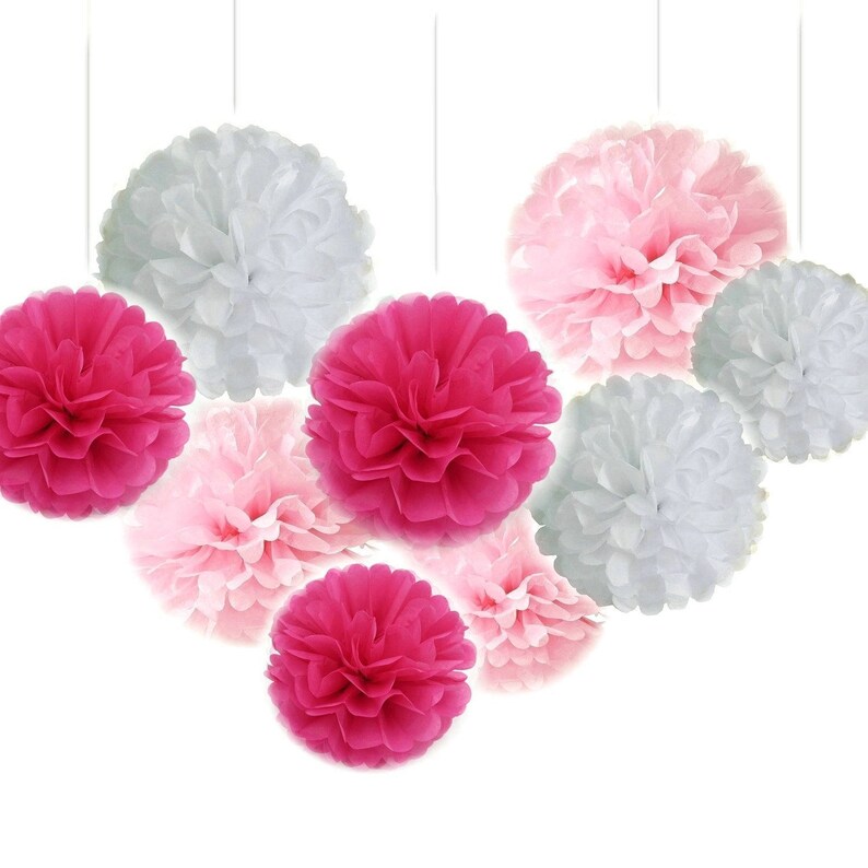 Set of 18 Pink Fuchsia White Tissue Paper Pom Poms Craft Party Flower Balls Wedding Neutral Party Girl Baby Shower Decoration Favor