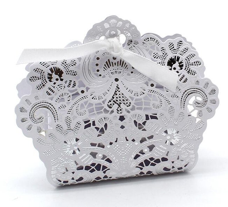 Set of 50 White Laser Cut Wedding Favor Boxes with Ribbon Lace Floral Party Baby Shower Birthday Favors Gift Box