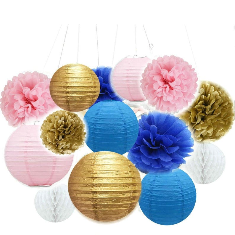 Set Of 14 Mixed Gold Royal Blue Pink Party Tissue Pom Poms Etsy