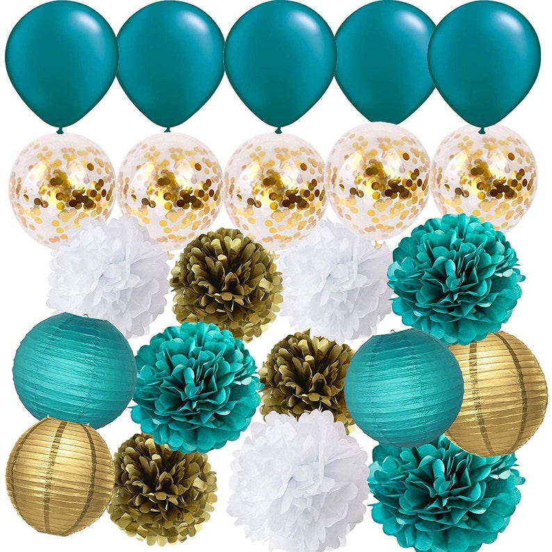 23PCS Teal Gold Tissue Pom Poms Paper Lanterns and Confetti Etsy