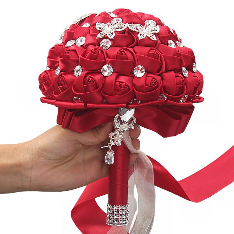 Red Full Crystal Wedding Bouquet Burgundy Bridal Bouquet | Etsy