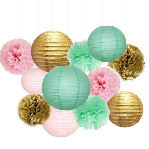 12pcs Mixed Gold Pink Mint Tissue Pom Poms Paper Lantern Baby Etsy