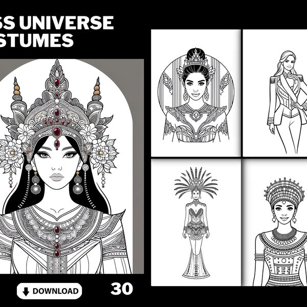 Miss Universe Traditional Costume Fashion Clothing Coloring Book, Adults + kids- Instant Download - Coloring Page - Gift, Printable PDF