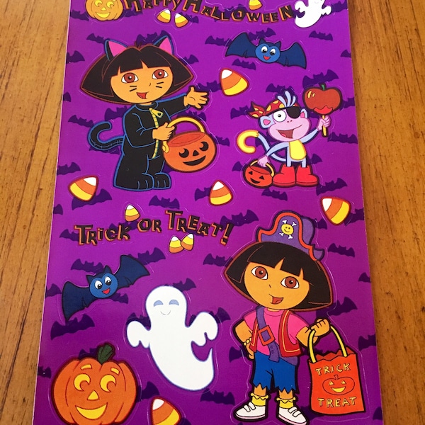 Dora the Explorer Halloween Boots Ghosts Candy Trick or Treat Pumpkins Bats Spooky Kids Childhood Memories Sandylion Vintage Sticker Sheet