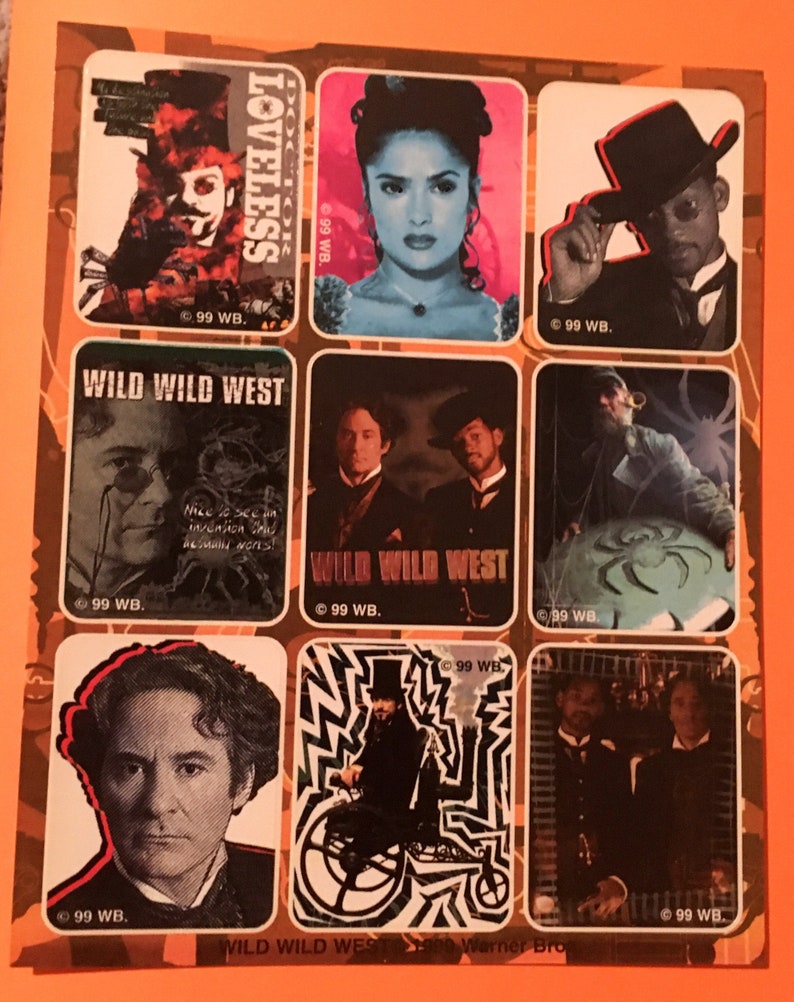 May include: A sheet of stickers featuring characters and scenes from the movies "Wild Wild West" and "Loveless". The stickers are on a brown background with a gold border. The text "Wild Wild West" and "Loveless" are visible on the stickers.
